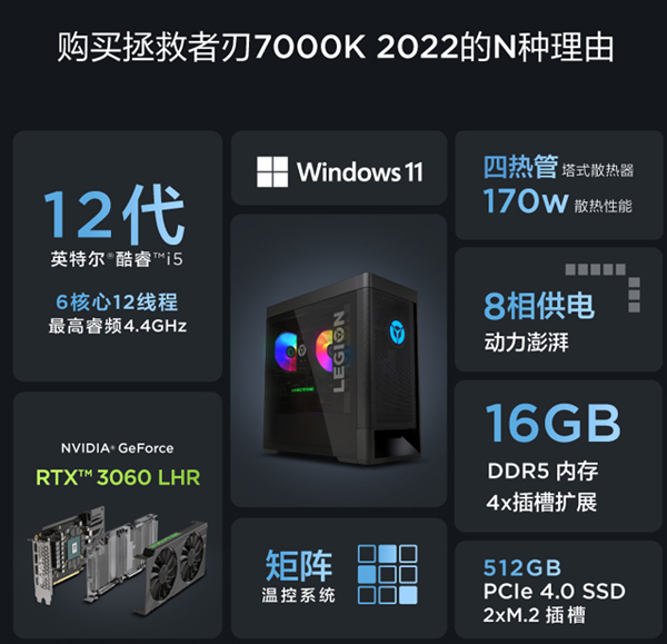 联想拯救者刃7000K 2022台式机升级 32GB内存顶配9398元